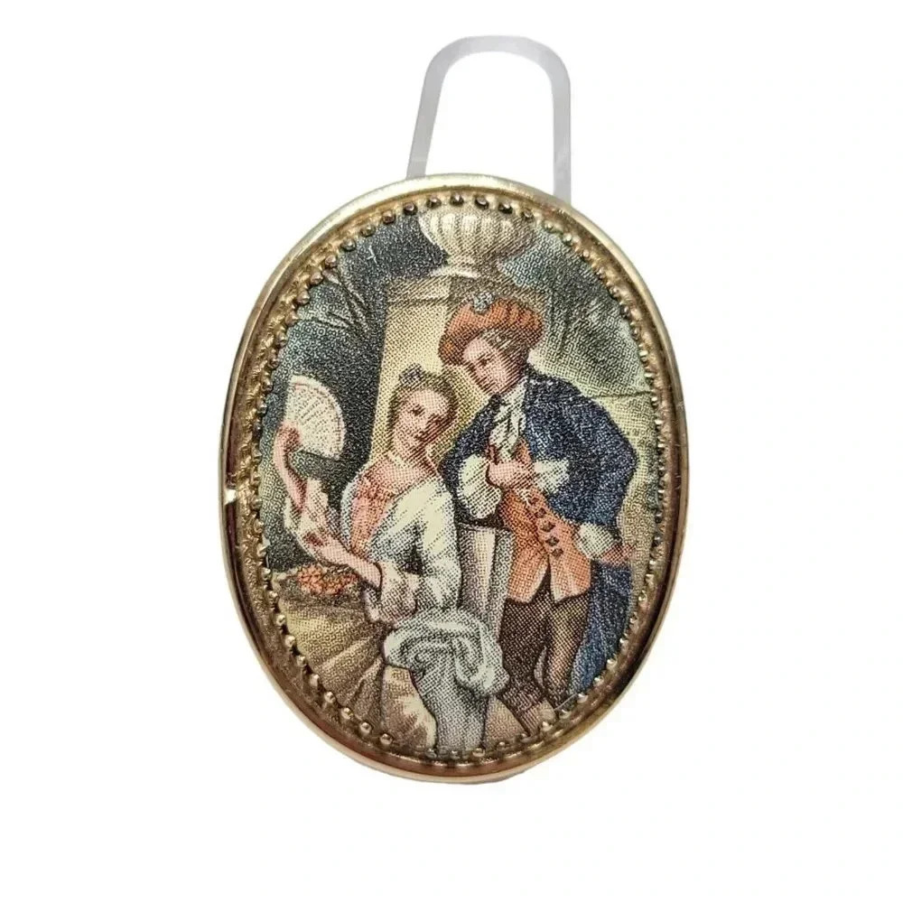 Whiting and Davis Hand Painted 18th Century Georgian Scene Gold Tone Brooch
